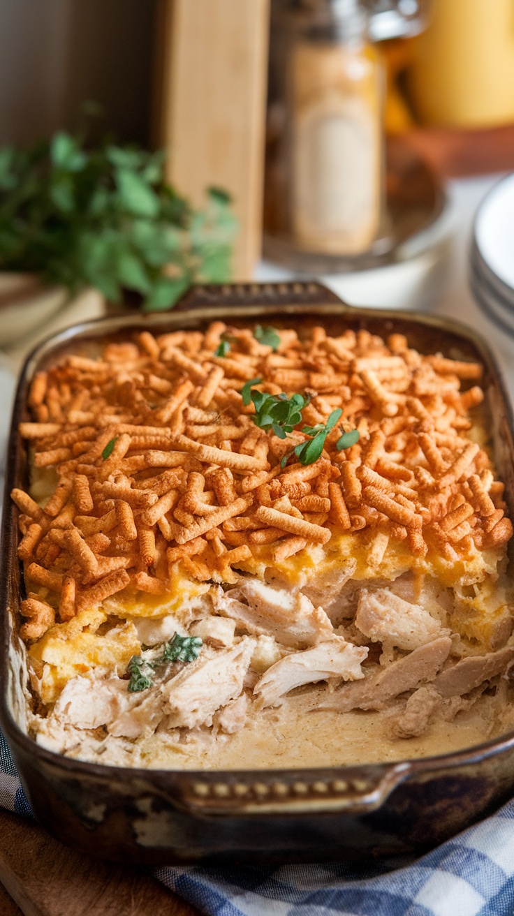 A baked casserole dish filled with creamy chicken topped with golden Ritz crackers, served in a rustic kitchen.